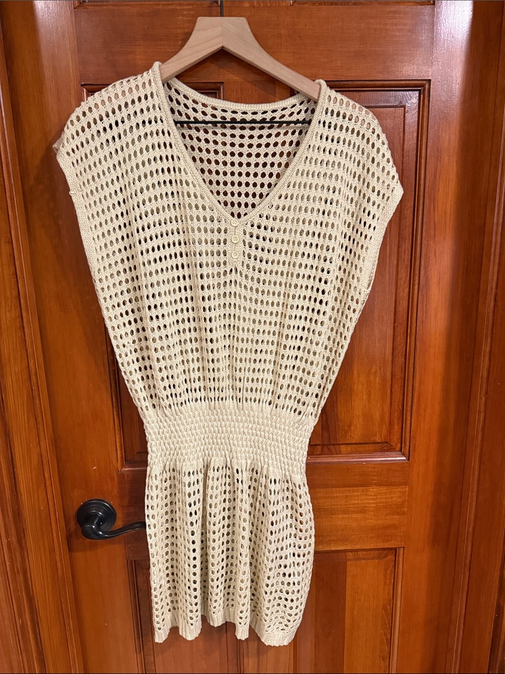 Cream Crochet Knit V-Neck Dress